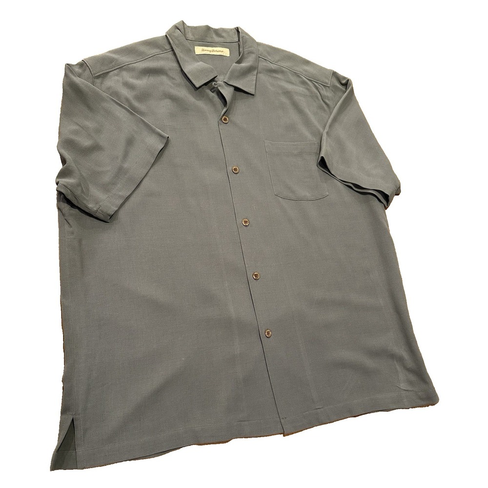 Tommy Bahama Shirt Mens Light Grey Button Up Short Sleeve 100% Silk Size XL